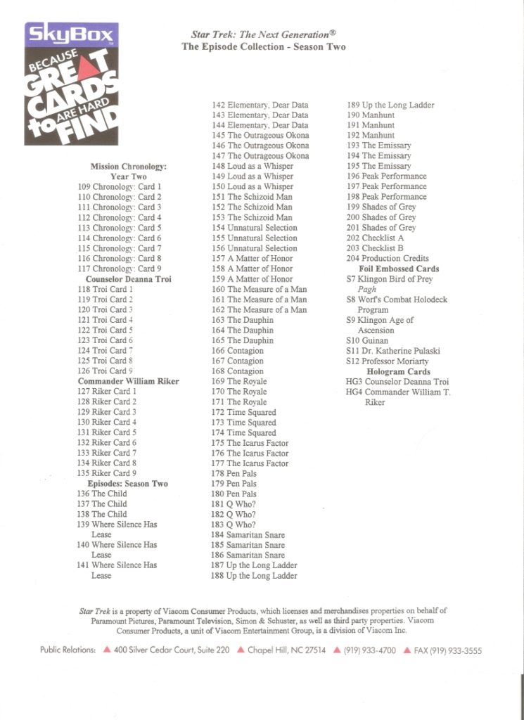Star Trek TNG Season Two Checklist Folder